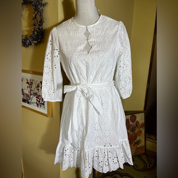 J CREW Size Small White Eyelet Dress Tie Waist Scalloped Edges Ethereal $148 NWT - Picture 2 of 16